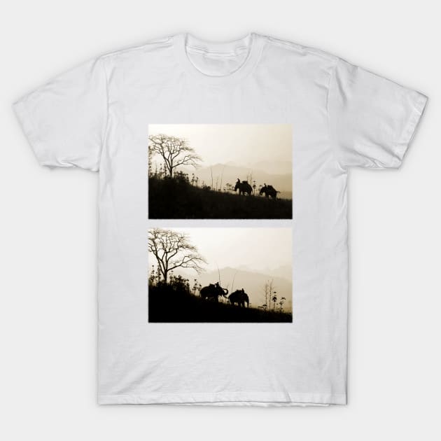 Elephants Trekking In The Jungle Diptych Photographs T-Shirt by VintCam